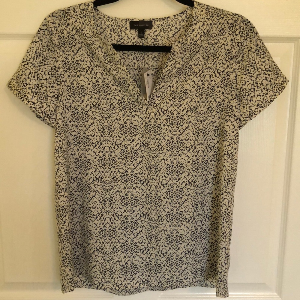 Tan, gray, black print blouse
